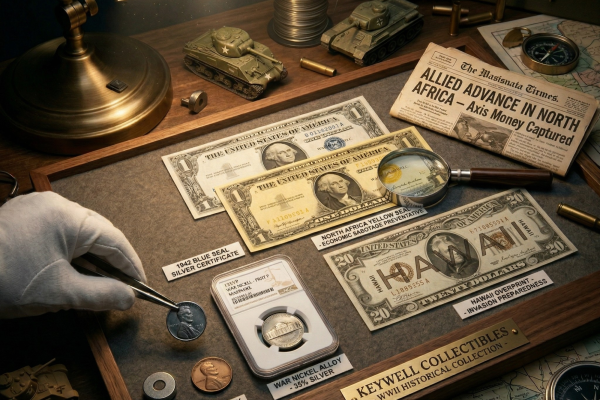 A meticulously curated, dramatic display of World War II-era artifacts from the "Keywell Collectibles – WWII Historical Collection." The arrangement features specialty emergency currency, including a Hawaii Overprint twenty-dollar note, a North Africa Yellow Seal note, and a 1942 Blue Seal Silver Certificate. A gloved hand using tweezers carefully positions a 1943 Steel Penny next to a graded silver War Nickel. The scene is finished with period-accurate props like miniature tanks, spent shell casings, and a newspaper with the headline "ALLIED ADVANCE IN NORTH AFRICA," all illuminated by a warm desk lamp to evoke a powerful sense of history and discovery.