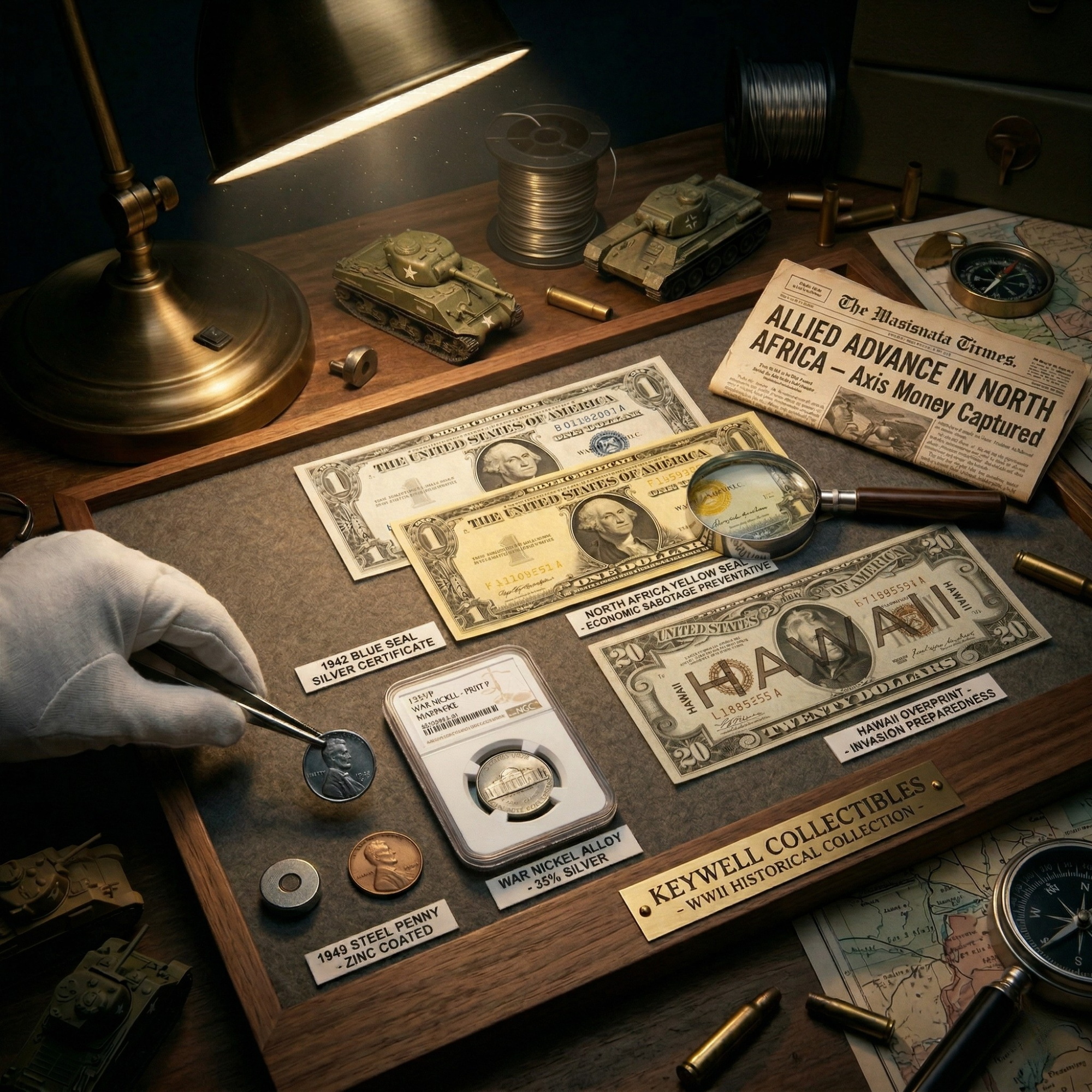 A meticulously curated, dramatic display of World War II-era artifacts from the "Keywell Collectibles – WWII Historical Collection." The arrangement features specialty emergency currency, including a Hawaii Overprint twenty-dollar note, a North Africa Yellow Seal note, and a 1942 Blue Seal Silver Certificate. A gloved hand using tweezers carefully positions a 1943 Steel Penny next to a graded silver War Nickel. The scene is finished with period-accurate props like miniature tanks, spent shell casings, and a newspaper with the headline "ALLIED ADVANCE IN NORTH AFRICA," all illuminated by a warm desk lamp to evoke a powerful sense of history and discovery.