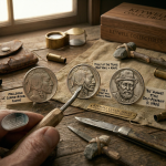 A rustic, detailed scene of a wooden workbench from the "Keywell Collectibles - Exonumia & Folk Art Division". Three Buffalo Nickels are displayed as "Hobo Nickels," showcasing intricate hand-carvings and labeled with descriptions of the "Bo" Hughes style and "Tools of the Trade". The desk is scattered with carving knives, files, small primitive hammers, and a magnifying loupe, evoking the gritty craftsmanship and artistic history of Depression-era coin modification.