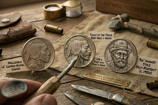 A rustic, detailed scene of a wooden workbench from the "Keywell Collectibles - Exonumia & Folk Art Division". Three Buffalo Nickels are displayed as "Hobo Nickels," showcasing intricate hand-carvings and labeled with descriptions of the "Bo" Hughes style and "Tools of the Trade". The desk is scattered with carving knives, files, small primitive hammers, and a magnifying loupe, evoking the gritty craftsmanship and artistic history of Depression-era coin modification.