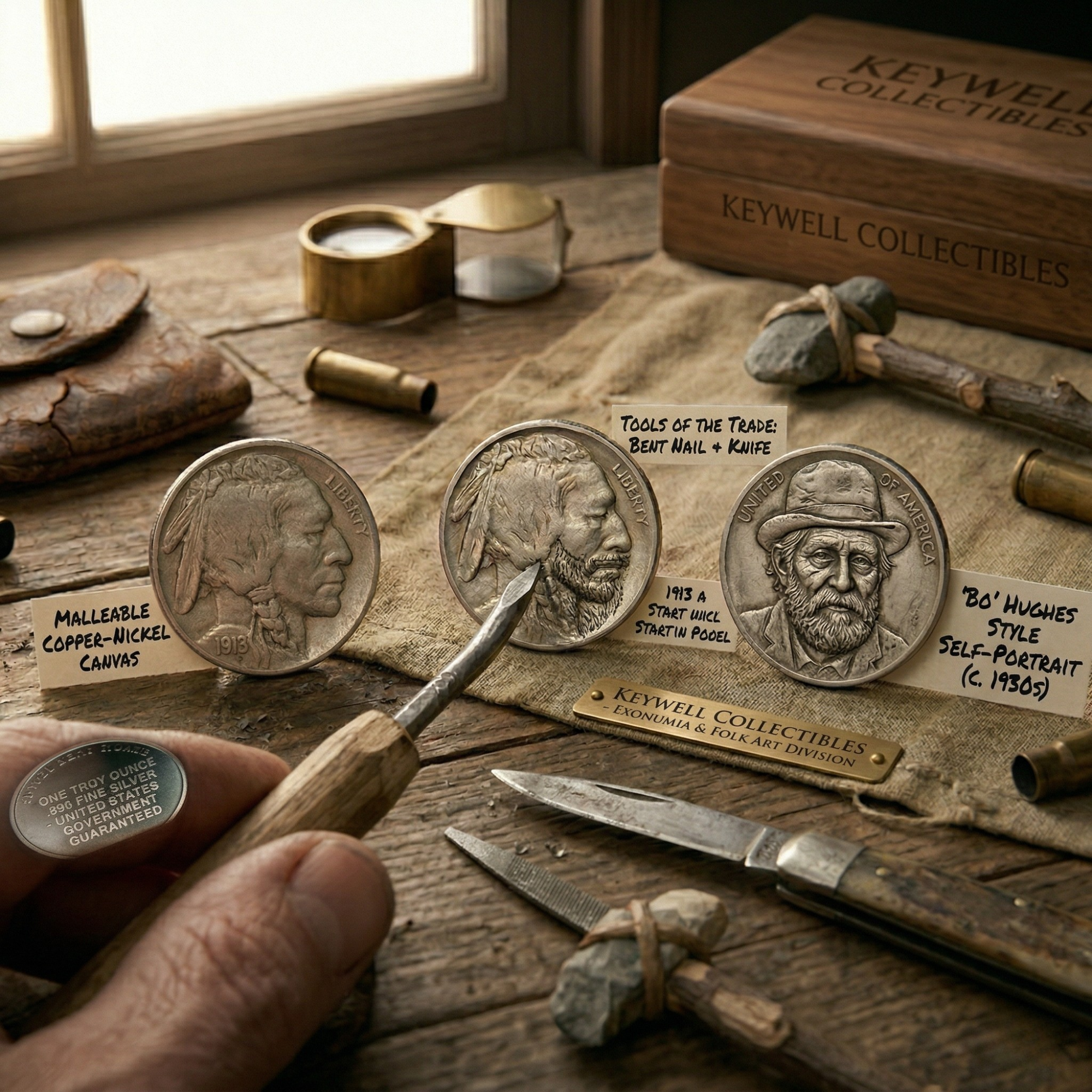 A rustic, detailed scene of a wooden workbench from the "Keywell Collectibles - Exonumia & Folk Art Division". Three Buffalo Nickels are displayed as "Hobo Nickels," showcasing intricate hand-carvings and labeled with descriptions of the "Bo" Hughes style and "Tools of the Trade". The desk is scattered with carving knives, files, small primitive hammers, and a magnifying loupe, evoking the gritty craftsmanship and artistic history of Depression-era coin modification.