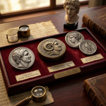 An atmospheric scene from the "Keywell Collectibles – Ancient Egyptian Division" featuring a red velvet tray of massive Ptolemaic coins. The display includes a silver tetradrachm of Ptolemy I and a heavy bronze "hockey puck" coin. Surrounded by papyrus with Greek script, magnifying glasses, and a marble bust, the scene evokes historical discovery and expert curation. Coin details are artistically rendered and slightly obscured by the moody, natural lighting.