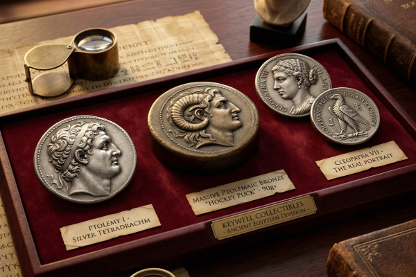 An atmospheric scene from the "Keywell Collectibles – Ancient Egyptian Division" featuring a red velvet tray of massive Ptolemaic coins. The display includes a silver tetradrachm of Ptolemy I and a heavy bronze "hockey puck" coin. Surrounded by papyrus with Greek script, magnifying glasses, and a marble bust, the scene evokes historical discovery and expert curation. Coin details are artistically rendered and slightly obscured by the moody, natural lighting.