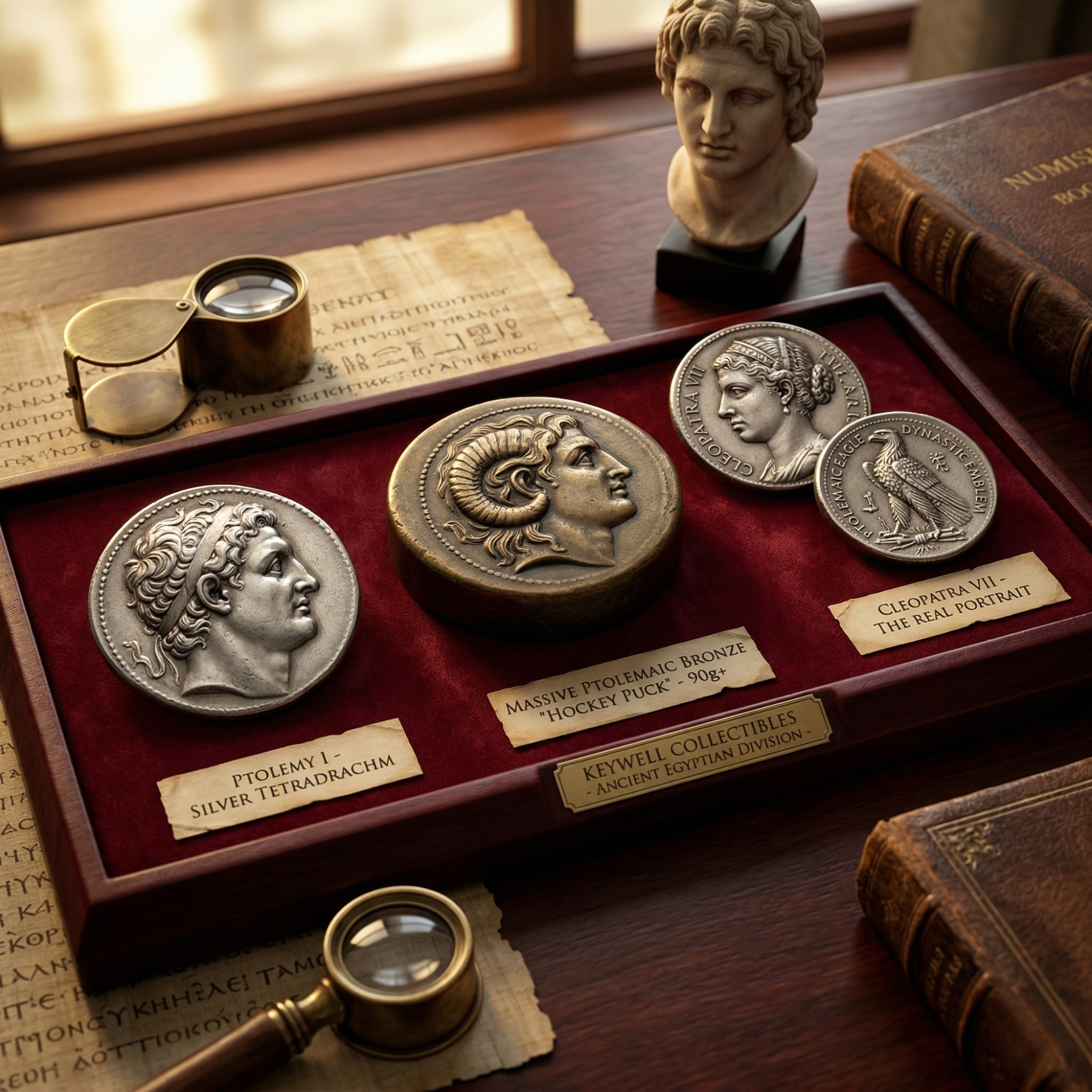 An atmospheric scene from the "Keywell Collectibles – Ancient Egyptian Division" featuring a red velvet tray of massive Ptolemaic coins. The display includes a silver tetradrachm of Ptolemy I and a heavy bronze "hockey puck" coin. Surrounded by papyrus with Greek script, magnifying glasses, and a marble bust, the scene evokes historical discovery and expert curation. Coin details are artistically rendered and slightly obscured by the moody, natural lighting.