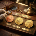 A sophisticated, atmospheric scene showcasing a "Keywell Collectibles – International Gold Portfolio" display on a polished wooden desk. Three iconic gold bullion coins—a 22K Krugerrand, a 24K Maple Leaf, and a 24K Philharmonic—are presented in a velvet-lined tray with individual brass labels. A gloved hand holds a magnifying loupe over the arrangement, which is illuminated by the warm glow of a brass desk lamp. The workspace is scattered with items evoking global discovery and wealth management, including an "Investment Ledger," a compass, and spent shell casings.