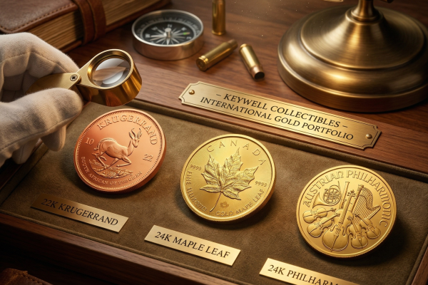 A sophisticated, atmospheric scene showcasing a "Keywell Collectibles – International Gold Portfolio" display on a polished wooden desk. Three iconic gold bullion coins—a 22K Krugerrand, a 24K Maple Leaf, and a 24K Philharmonic—are presented in a velvet-lined tray with individual brass labels. A gloved hand holds a magnifying loupe over the arrangement, which is illuminated by the warm glow of a brass desk lamp. The workspace is scattered with items evoking global discovery and wealth management, including an "Investment Ledger," a compass, and spent shell casings.