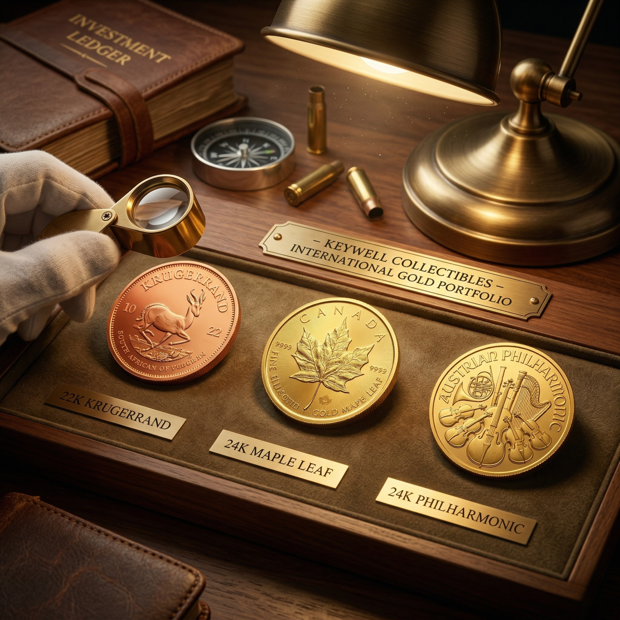 A sophisticated, atmospheric scene showcasing a "Keywell Collectibles – International Gold Portfolio" display on a polished wooden desk. Three iconic gold bullion coins—a 22K Krugerrand, a 24K Maple Leaf, and a 24K Philharmonic—are presented in a velvet-lined tray with individual brass labels. A gloved hand holds a magnifying loupe over the arrangement, which is illuminated by the warm glow of a brass desk lamp. The workspace is scattered with items evoking global discovery and wealth management, including an "Investment Ledger," a compass, and spent shell casings.