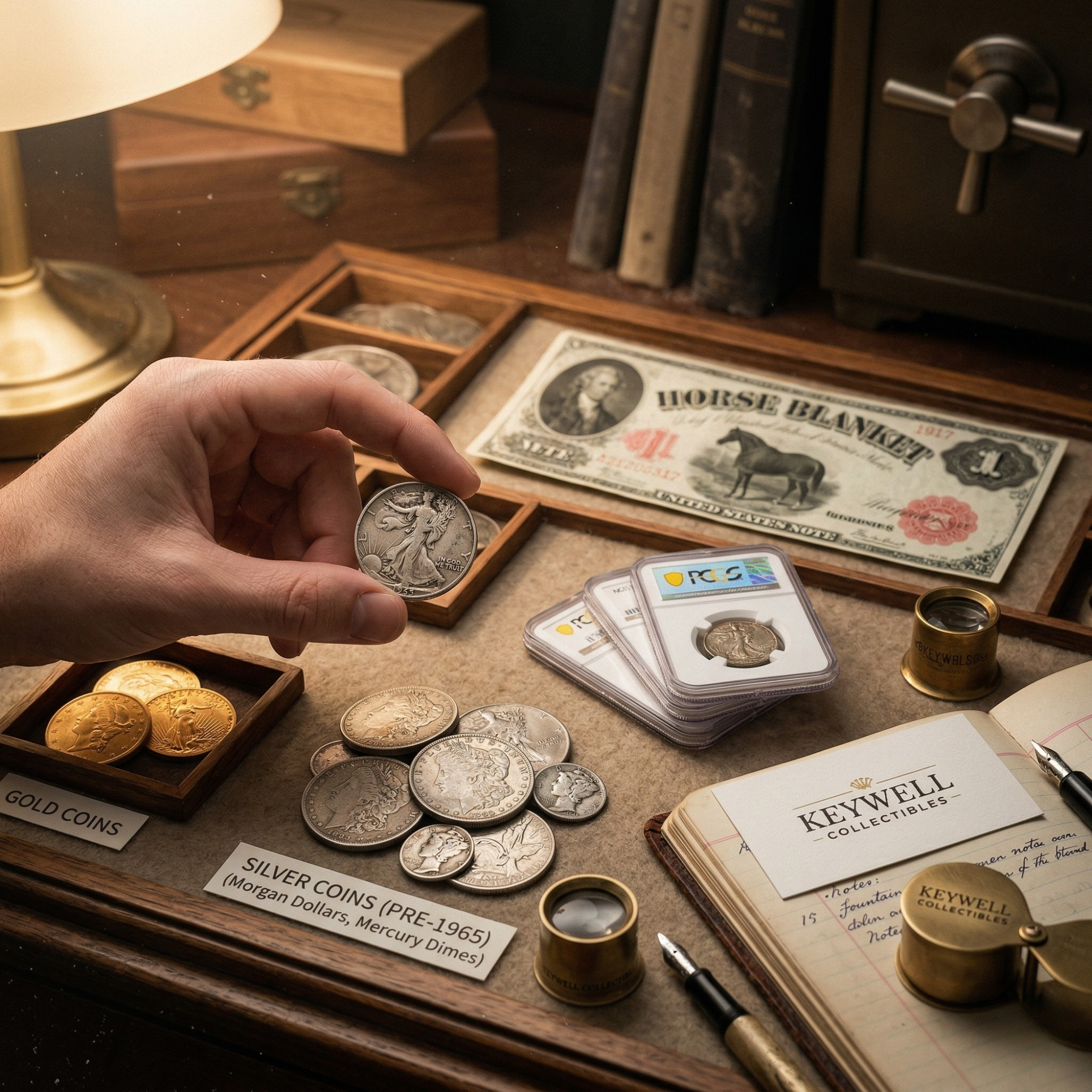 A detailed, atmospheric scene of a collector's workspace illuminated by a warm desk lamp. A hand holds a Walking Liberty silver half dollar over a felt-lined tray containing stacks of gold coins and Morgan dollars. The desk is scattered with numismatic tools, including magnifying loupes, a stack of PCGS-graded coins, and a vintage "Horse Blanket" large-size note. A Keywell Collectibles business card rests on an open ledger, suggesting expert appraisal and curation.