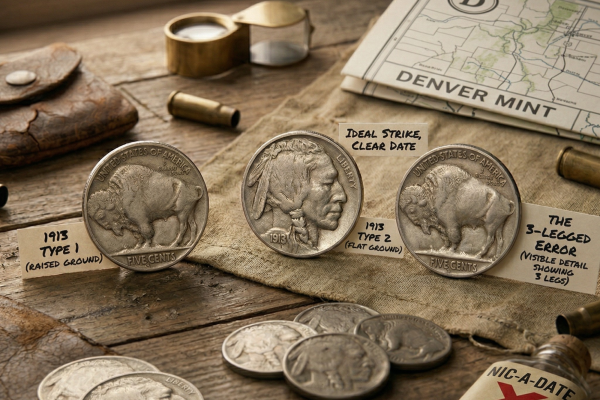 A rustic, atmospheric scene on a weathered wooden table featuring three Buffalo Nickels displayed upright with descriptive labels. The labels identify specific varieties: "1913 TYPE 1 (RAISED GROUND)," "1913 TYPE 2 (FLAT GROUND)," and "THE 3-LEGGED ERROR." The desk is cluttered with relevant artifacts, including a Denver Mint map, a brass magnifying loupe, spent shell casings, and a bottle of "NIC-A-DATE" with a large red "X" across it. The lighting is soft and natural, suggesting a focused study of famous American minting variations.