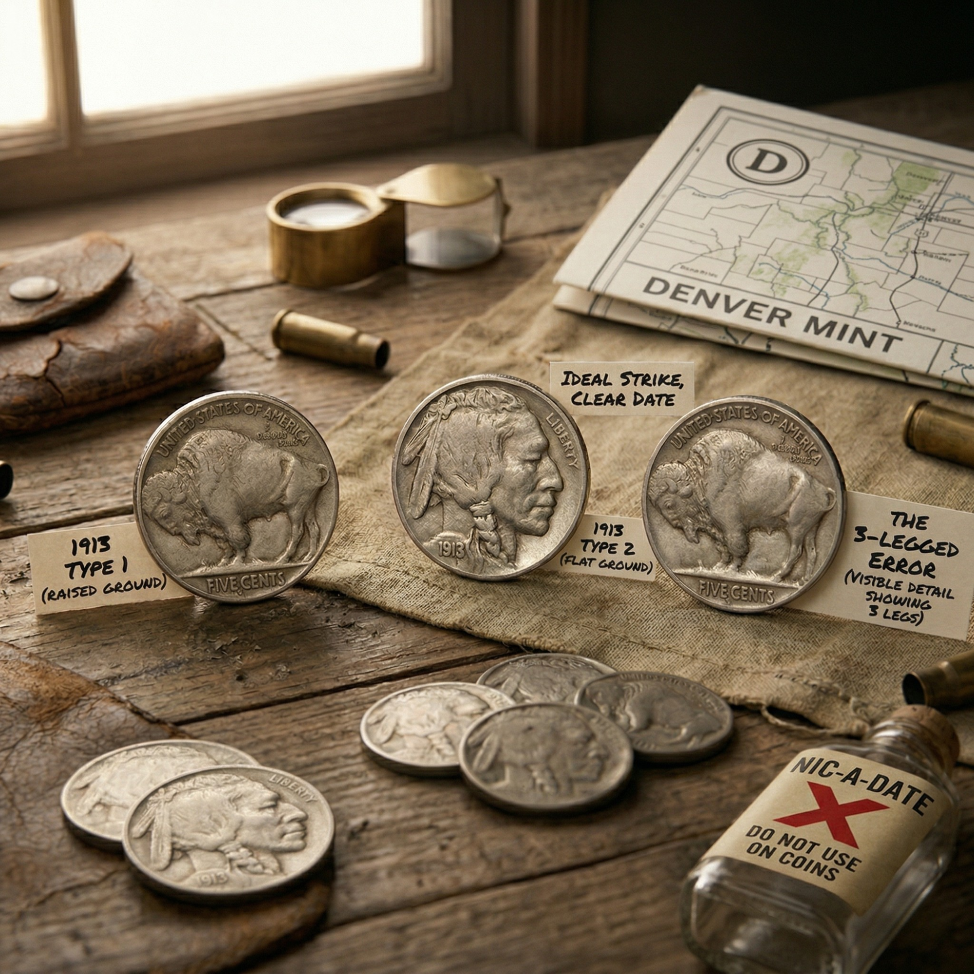 A rustic, atmospheric scene on a weathered wooden table featuring three Buffalo Nickels displayed upright with descriptive labels. The labels identify specific varieties: "1913 TYPE 1 (RAISED GROUND)," "1913 TYPE 2 (FLAT GROUND)," and "THE 3-LEGGED ERROR." The desk is cluttered with relevant artifacts, including a Denver Mint map, a brass magnifying loupe, spent shell casings, and a bottle of "NIC-A-DATE" with a large red "X" across it. The lighting is soft and natural, suggesting a focused study of famous American minting variations.