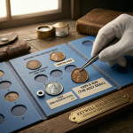 A detailed, atmospheric scene from the "Keywell Collectibles – Lincoln Cent Collection". A gloved hand using silver tweezers carefully places a 1909-S VDB Lincoln Cent into a blue collector's folder. The folder includes slots for an Indian Head Cent, a 1943 Zinc-Coated Steel penny, and a 1909 No VDB penny. The workspace is illuminated by soft light from a nearby window and features traditional numismatic tools, including a brass magnifying loupe, a leather-bound ledger, and a worn leather coin pouch, capturing the meticulous nature of high-value coin collecting.