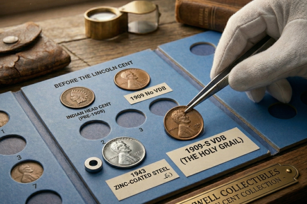A detailed, atmospheric scene from the "Keywell Collectibles – Lincoln Cent Collection". A gloved hand using silver tweezers carefully places a 1909-S VDB Lincoln Cent into a blue collector's folder. The folder includes slots for an Indian Head Cent, a 1943 Zinc-Coated Steel penny, and a 1909 No VDB penny. The workspace is illuminated by soft light from a nearby window and features traditional numismatic tools, including a brass magnifying loupe, a leather-bound ledger, and a worn leather coin pouch, capturing the meticulous nature of high-value coin collecting.