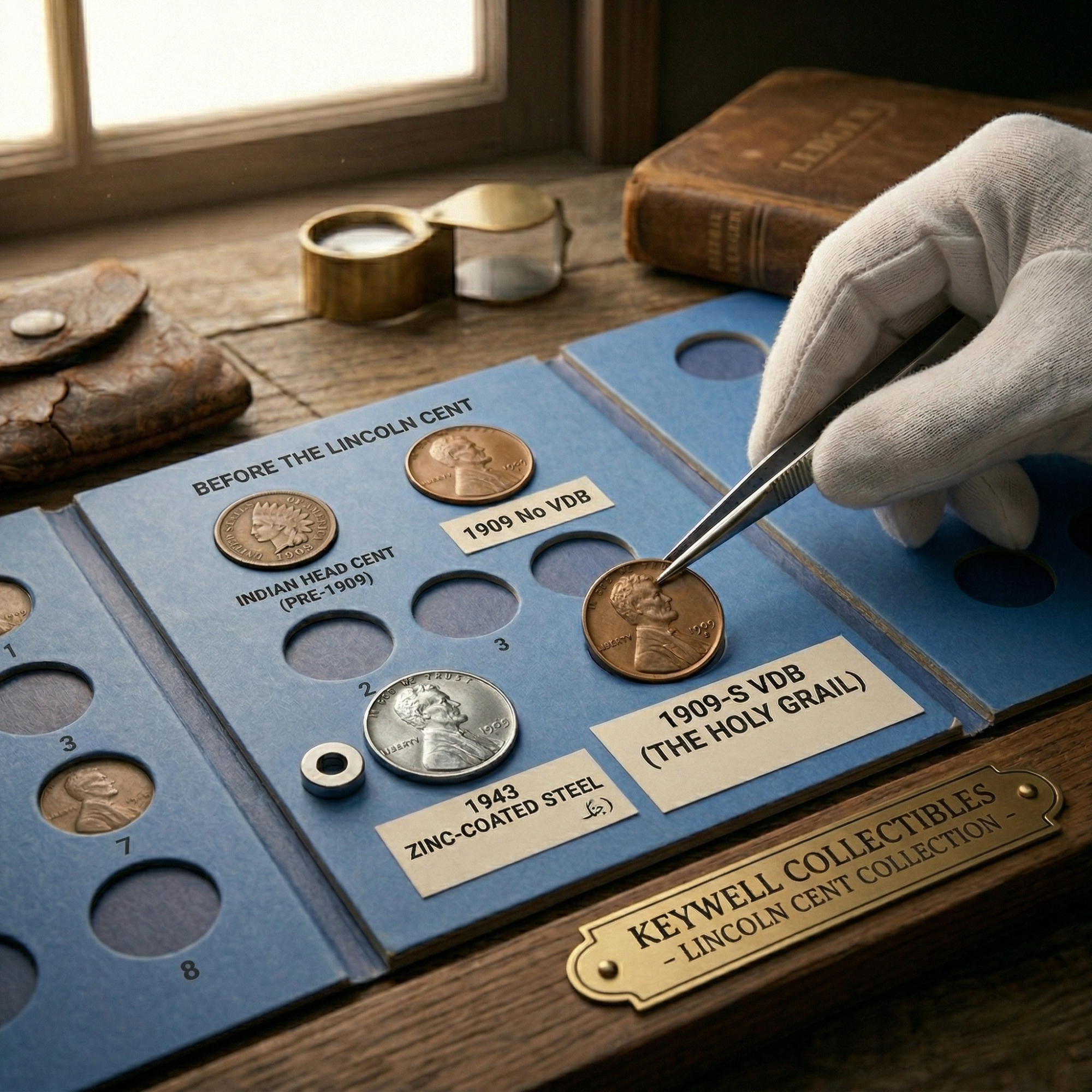 A detailed, atmospheric scene from the "Keywell Collectibles – Lincoln Cent Collection". A gloved hand using silver tweezers carefully places a 1909-S VDB Lincoln Cent into a blue collector's folder. The folder includes slots for an Indian Head Cent, a 1943 Zinc-Coated Steel penny, and a 1909 No VDB penny. The workspace is illuminated by soft light from a nearby window and features traditional numismatic tools, including a brass magnifying loupe, a leather-bound ledger, and a worn leather coin pouch, capturing the meticulous nature of high-value coin collecting.