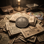 A 1923 German hyperinflation coin for 1 Milliarde Mark resting on a pile of Billion Mark and Million Mark banknotes.