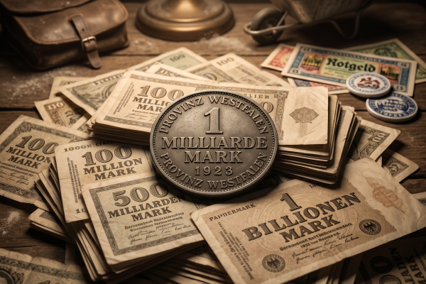 A 1923 German hyperinflation coin for 1 Milliarde Mark resting on a pile of Billion Mark and Million Mark banknotes.