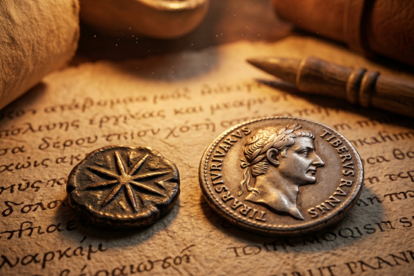 An ancient Roman silver denarius featuring Emperor Tiberius and a bronze Widow’s Mite coin resting on a Greek manuscript with an oil lamp.