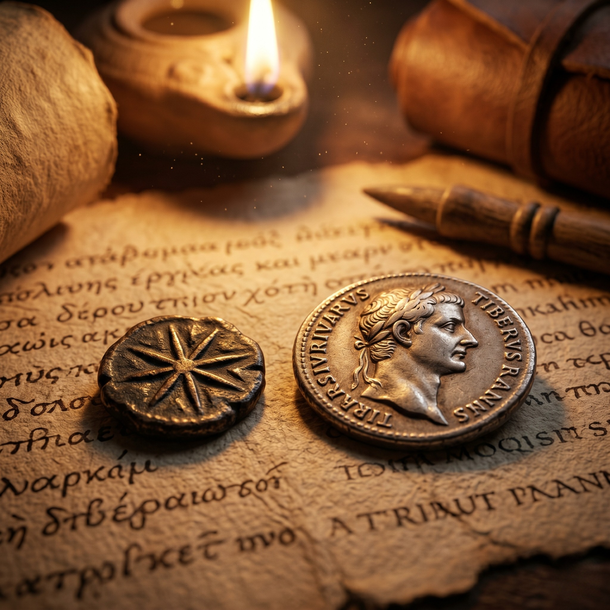 An ancient Roman silver denarius featuring Emperor Tiberius and a bronze Widow’s Mite coin resting on a Greek manuscript with an oil lamp.