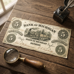 An antique 5-dollar banknote from the Bank of Michigan, Detroit, featuring a steam locomotive illustration, resting on a wooden desk with a magnifying glass.