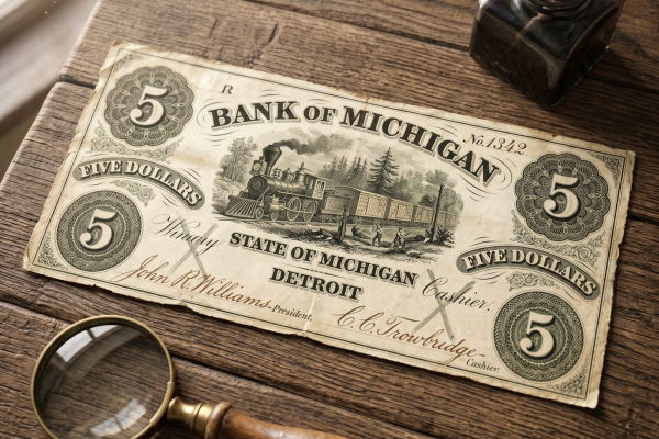 An antique 5-dollar banknote from the Bank of Michigan, Detroit, featuring a steam locomotive illustration, resting on a wooden desk with a magnifying glass.