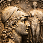 Extreme macro close-up of a Standing Liberty Quarter, focusing on the profile of Liberty wearing a Phrygian-style helmet with golden-brown toning.