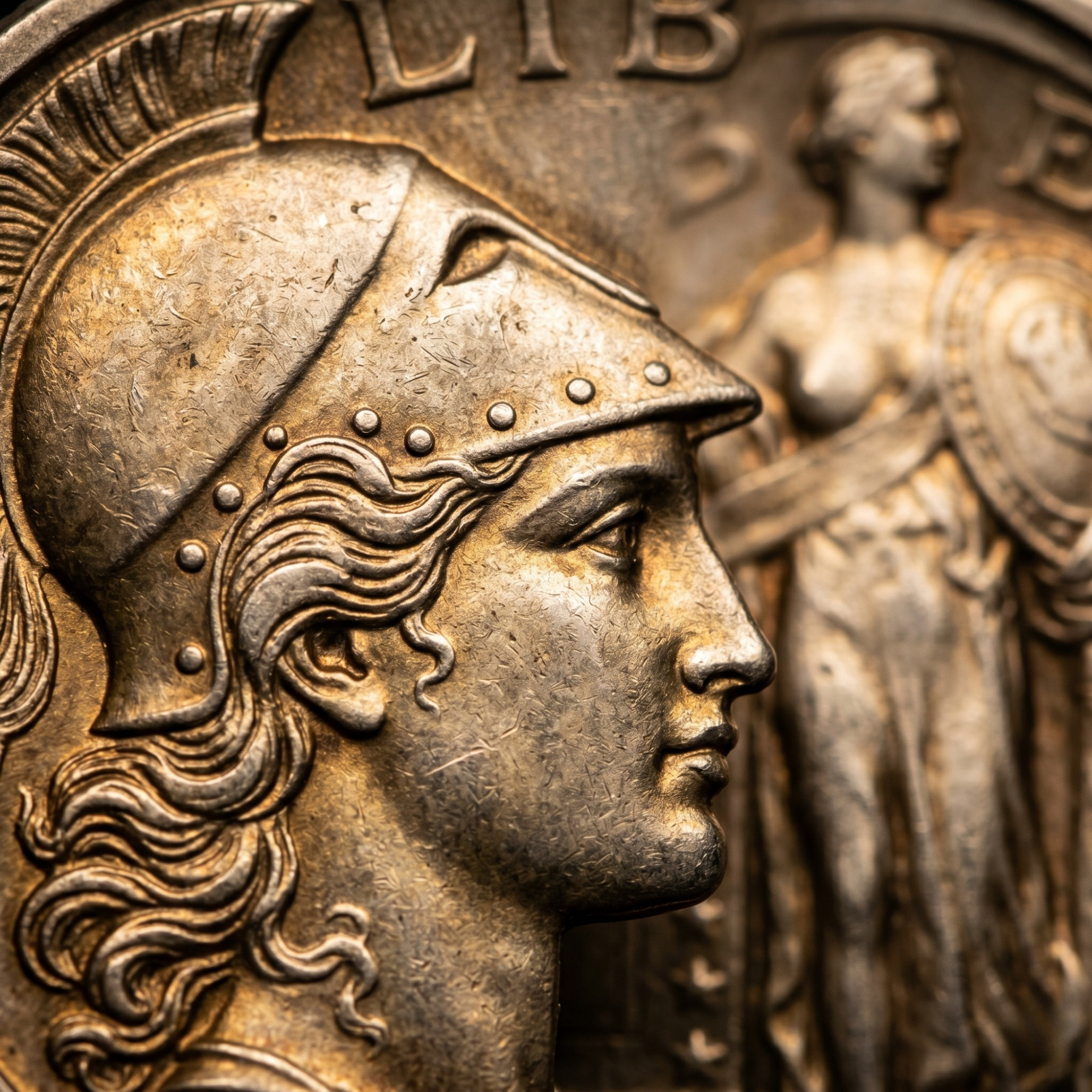 Extreme macro close-up of a Standing Liberty Quarter, focusing on the profile of Liberty wearing a Phrygian-style helmet with golden-brown toning.