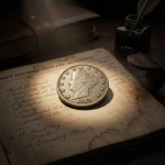 A 1913 Liberty Head V Nickel resting on an antique ledger titled "MINT RECORDS - PRIVATE ACCOUNTS" with a quill and inkwell in the background.