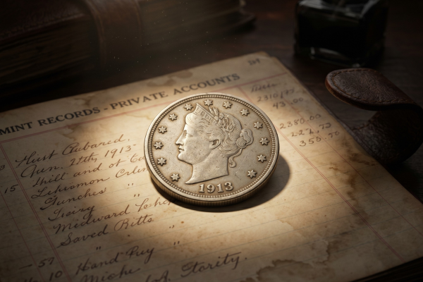 A 1913 Liberty Head V Nickel resting on an antique ledger titled "MINT RECORDS - PRIVATE ACCOUNTS" with a quill and inkwell in the background.