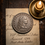 A 1794 Flowing Hair silver dollar resting on a handwritten document labeled "VIP Presentation Dollar" next to a lit candle.