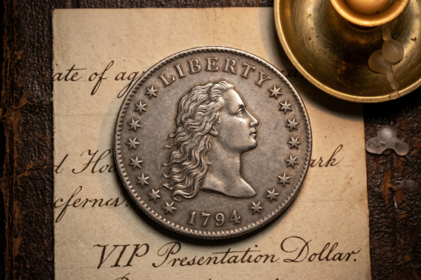 A 1794 Flowing Hair silver dollar resting on a handwritten document labeled "VIP Presentation Dollar" next to a lit candle.