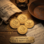 Collection of 1861 gold coins with Liberty head and eagle designs next to a canvas sack labeled A. Reed NC 1838, a lantern, and a Dahlonega 1859 receipt.