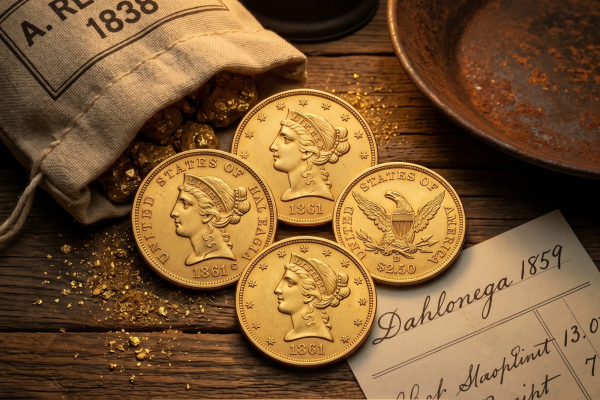 Collection of 1861 gold coins with Liberty head and eagle designs next to a canvas sack labeled A. Reed NC 1838, a lantern, and a Dahlonega 1859 receipt.
