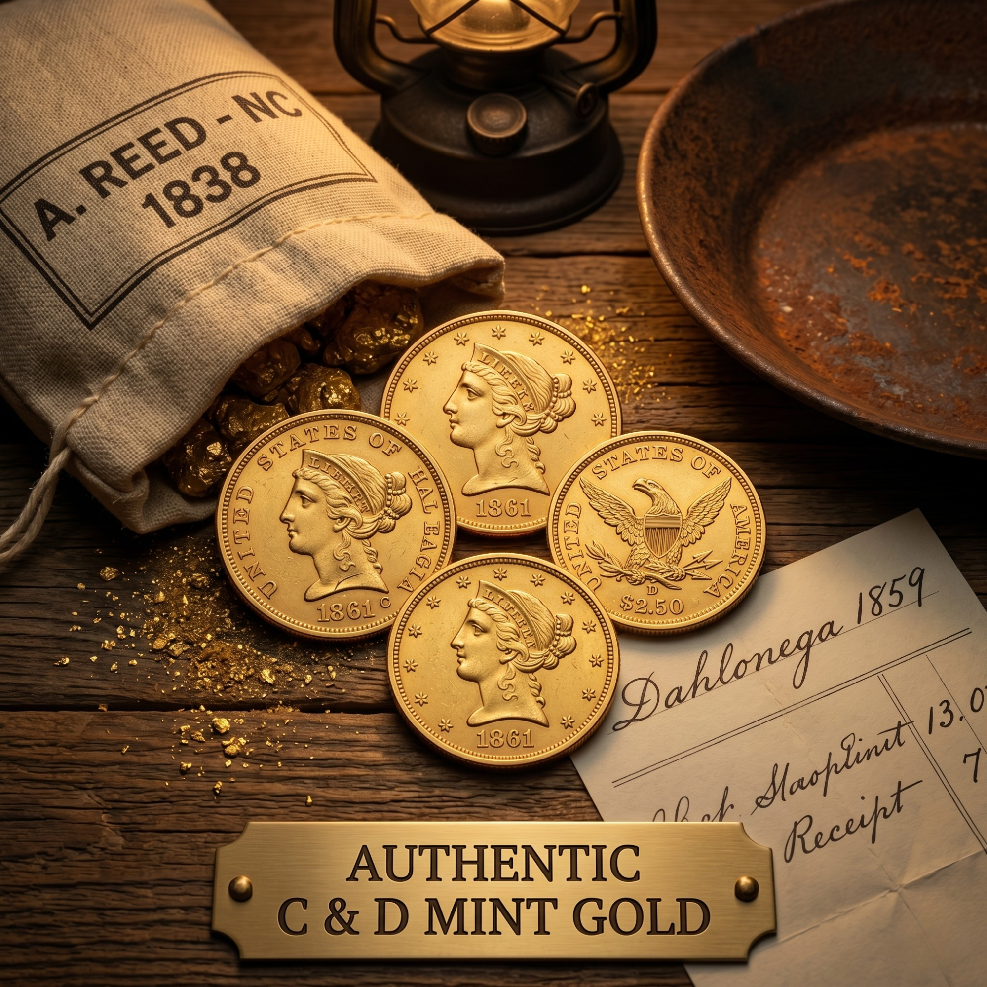 Collection of 1861 gold coins with Liberty head and eagle designs next to a canvas sack labeled A. Reed NC 1838, a lantern, and a Dahlonega 1859 receipt.