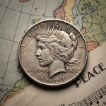 A 1921 High Relief Peace Silver Dollar resting on a vintage world map next to a piece of sheet music titled "PEACE".