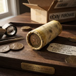 A weathered, "unsearched" roll of coins with an 1888 Indian Head Penny on the end, sitting on a wooden tray with a warning tag about artificial aging and salting.