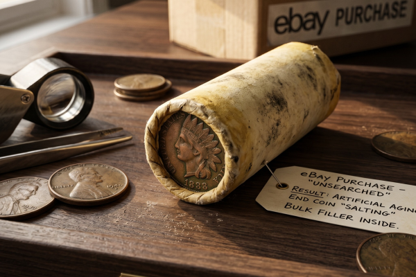 A weathered, "unsearched" roll of coins with an 1888 Indian Head Penny on the end, sitting on a wooden tray with a warning tag about artificial aging and salting.