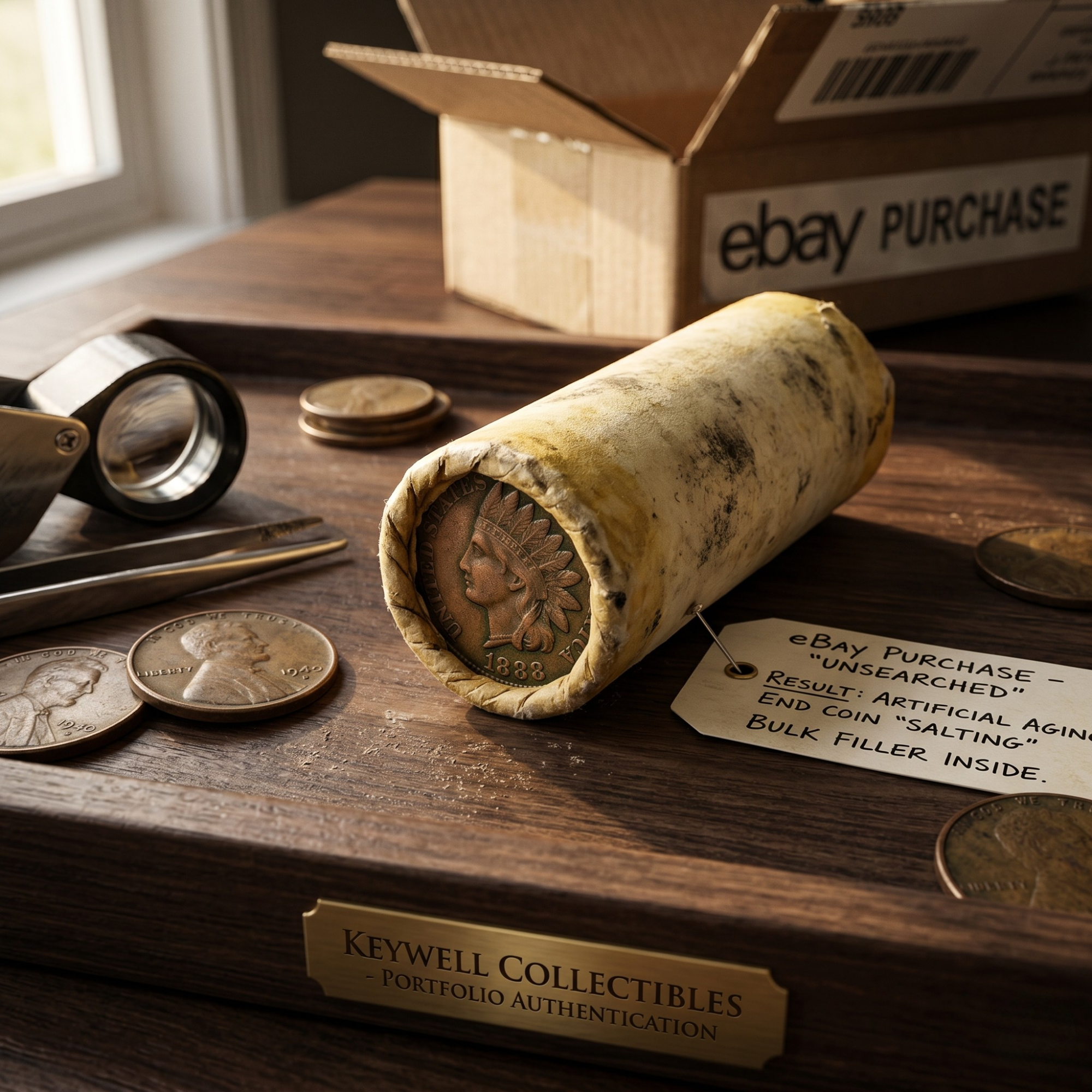 A weathered, "unsearched" roll of coins with an 1888 Indian Head Penny on the end, sitting on a wooden tray with a warning tag about artificial aging and salting.