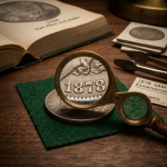 A magnifying glass enlarging the "1878" date on a Morgan silver dollar, resting on green felt next to a coin reference book.