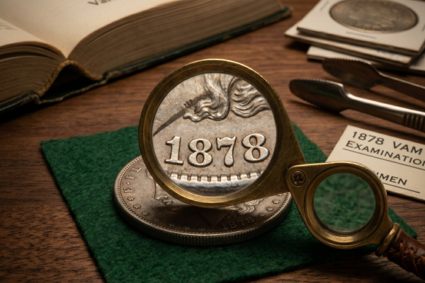 A magnifying glass enlarging the "1878" date on a Morgan silver dollar, resting on green felt next to a coin reference book.