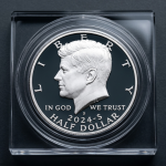 A 2024-S Kennedy Half Dollar proof coin with a deep cameo finish, housed in a square clear protective acrylic capsule against a black background.