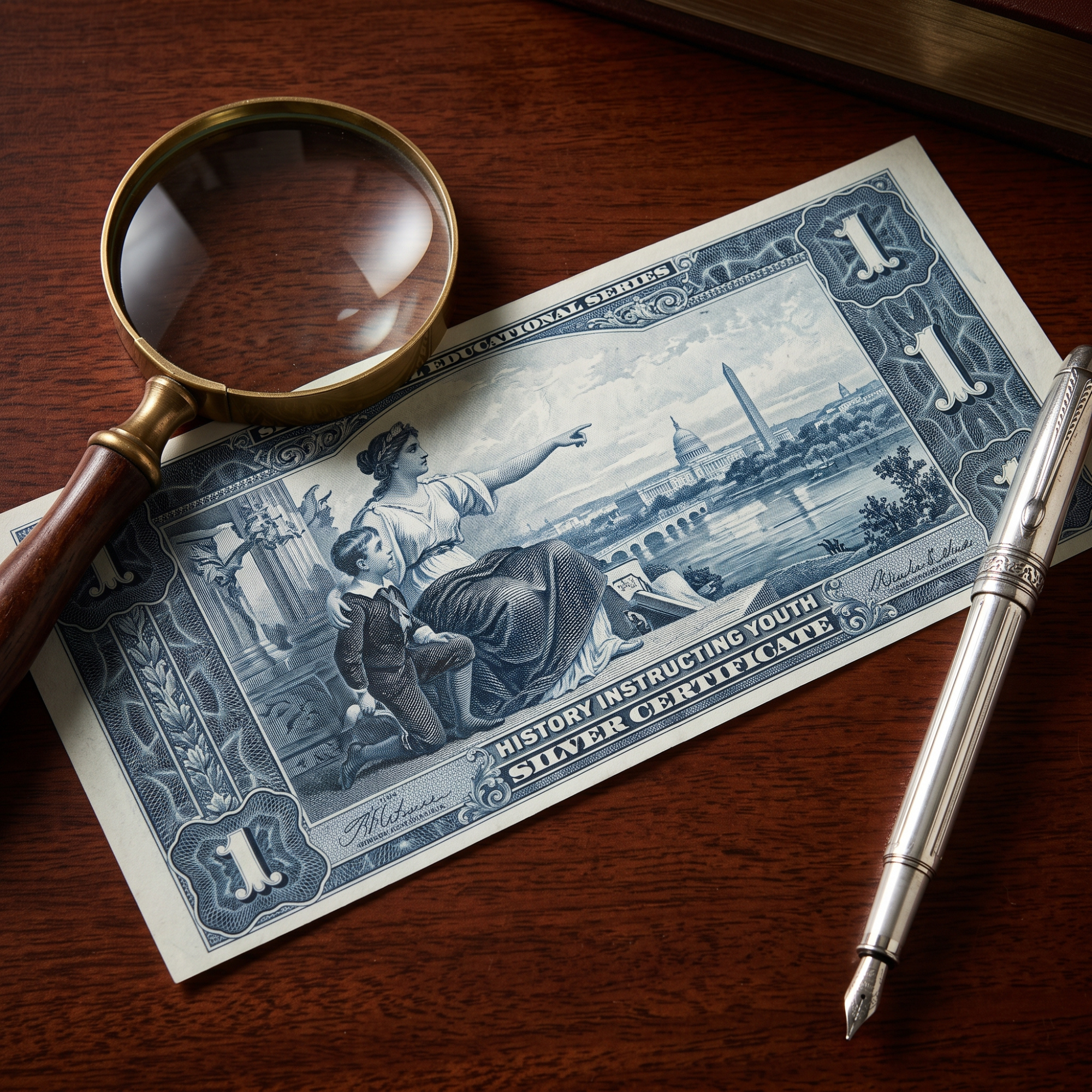 1896 Educational Series one-dollar silver certificate, magnifying glass, and silver fountain pen on a wooden desk.