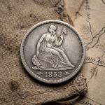 Close-up of an 1853 Seated Liberty silver coin on burlap and aged paper, showing Lady Liberty with a shield.
