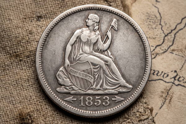 Close-up of an 1853 Seated Liberty silver coin on burlap and aged paper, showing Lady Liberty with a shield.