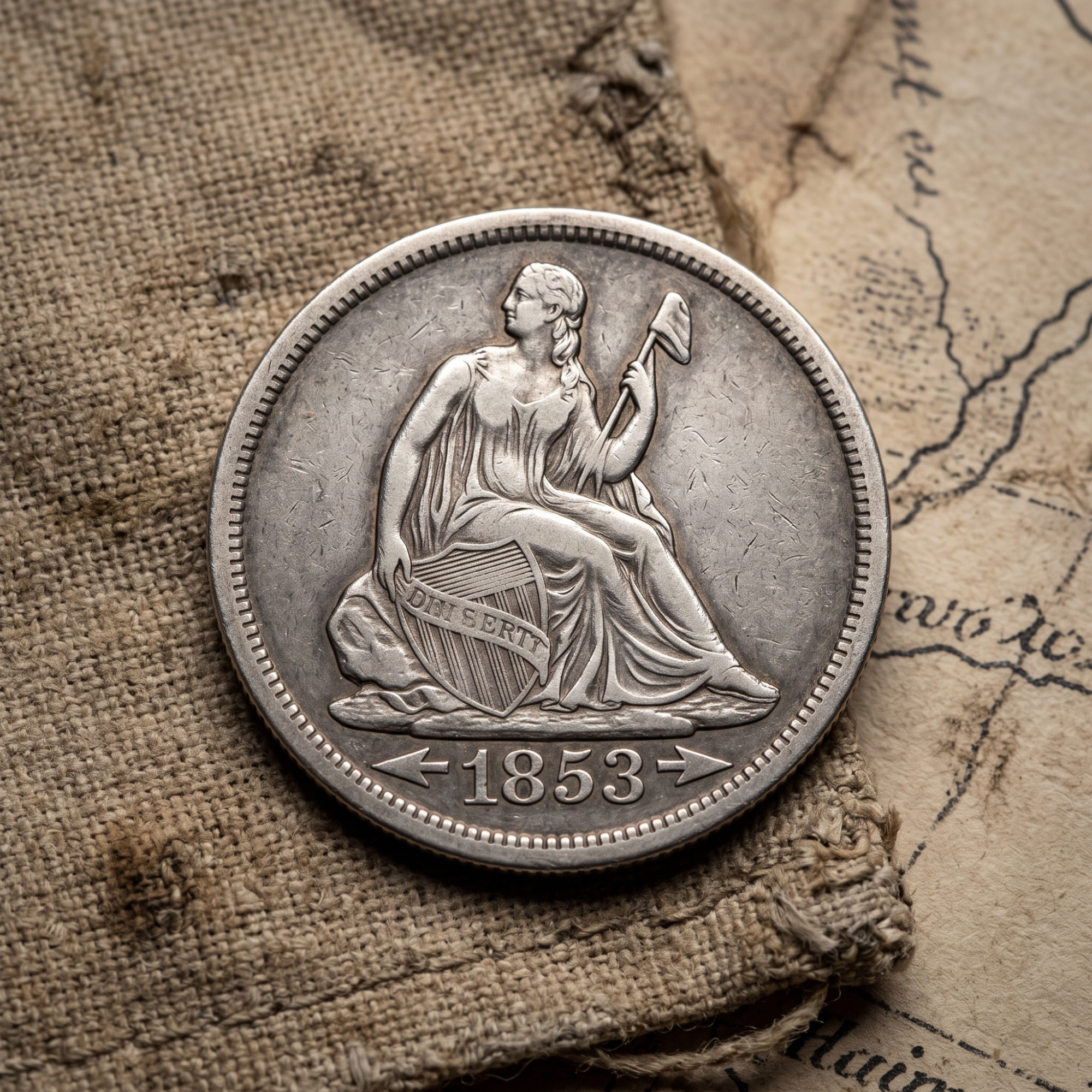 Close-up of an 1853 Seated Liberty silver coin on burlap and aged paper, showing Lady Liberty with a shield.