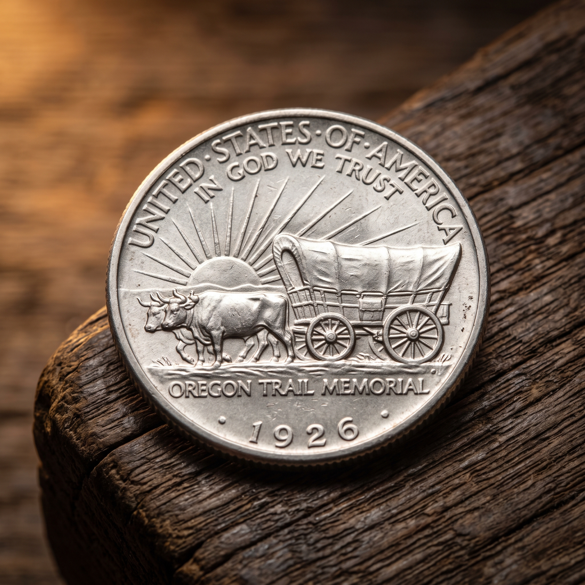 Close-up of a 1926 Oregon Trail Memorial Half Dollar showing oxen pulling a covered wagon, with a rising sun and 'UNITED STATES OF AMERICA' and 'IN GOD WE TRUST' above, all on a rustic wooden surface.