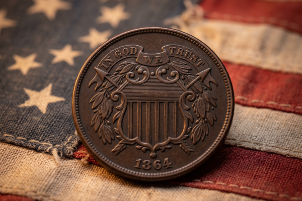 Close-up of an 1864 two-cent coin with "IN GOD WE TRUST" on an aged American flag.