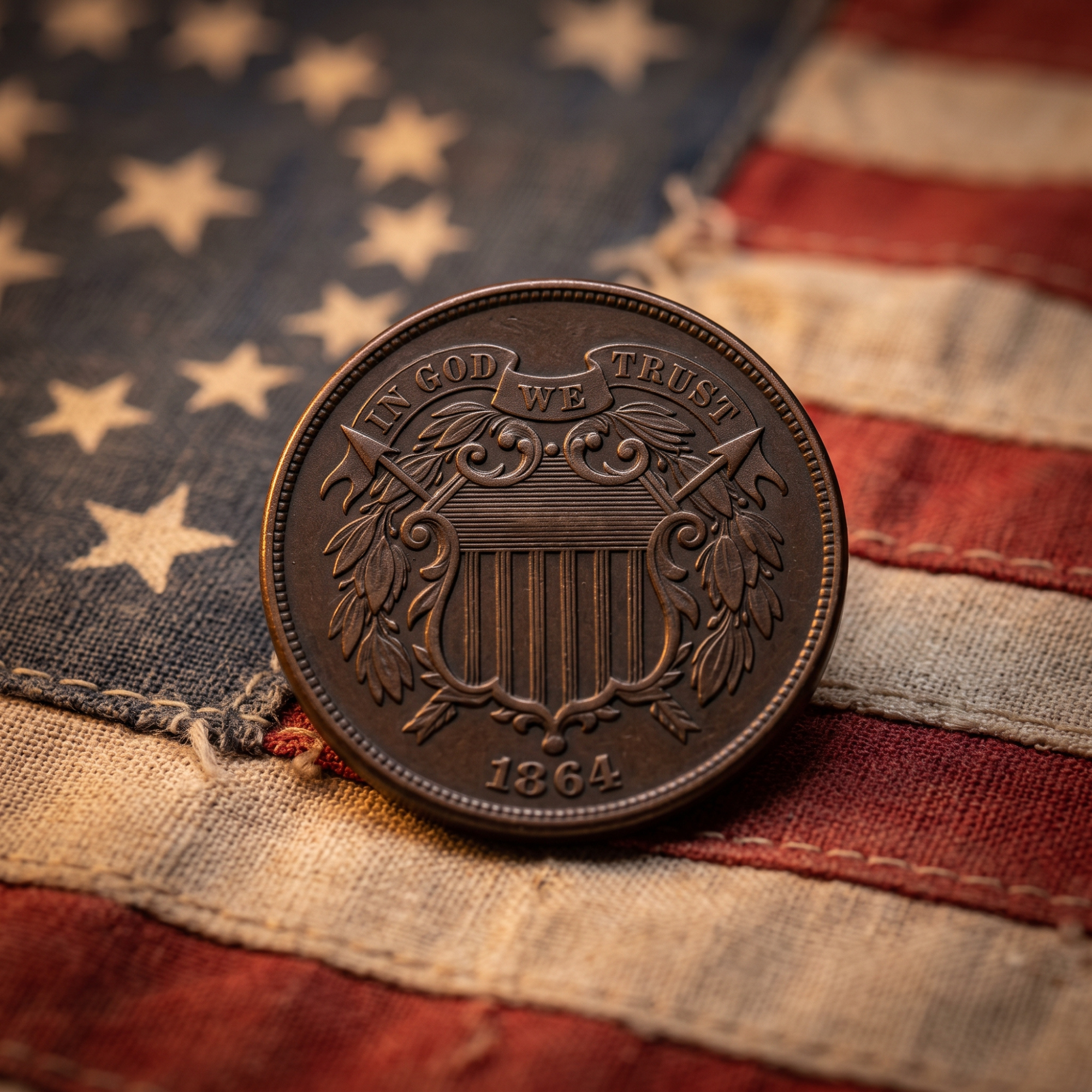 Close-up of an 1864 two-cent coin with "IN GOD WE TRUST" on an aged American flag.