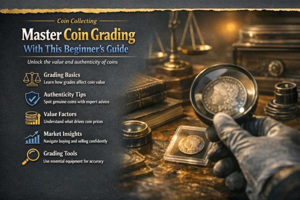 Suggested image alt text: "A collector's desk with a magnifying glass examining a vintage coin surrounded by grading reference books and tools."