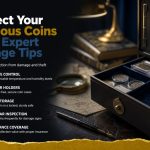 Historic wooden desk with coin collection in protective holders, softly lit to emphasize care and preservation