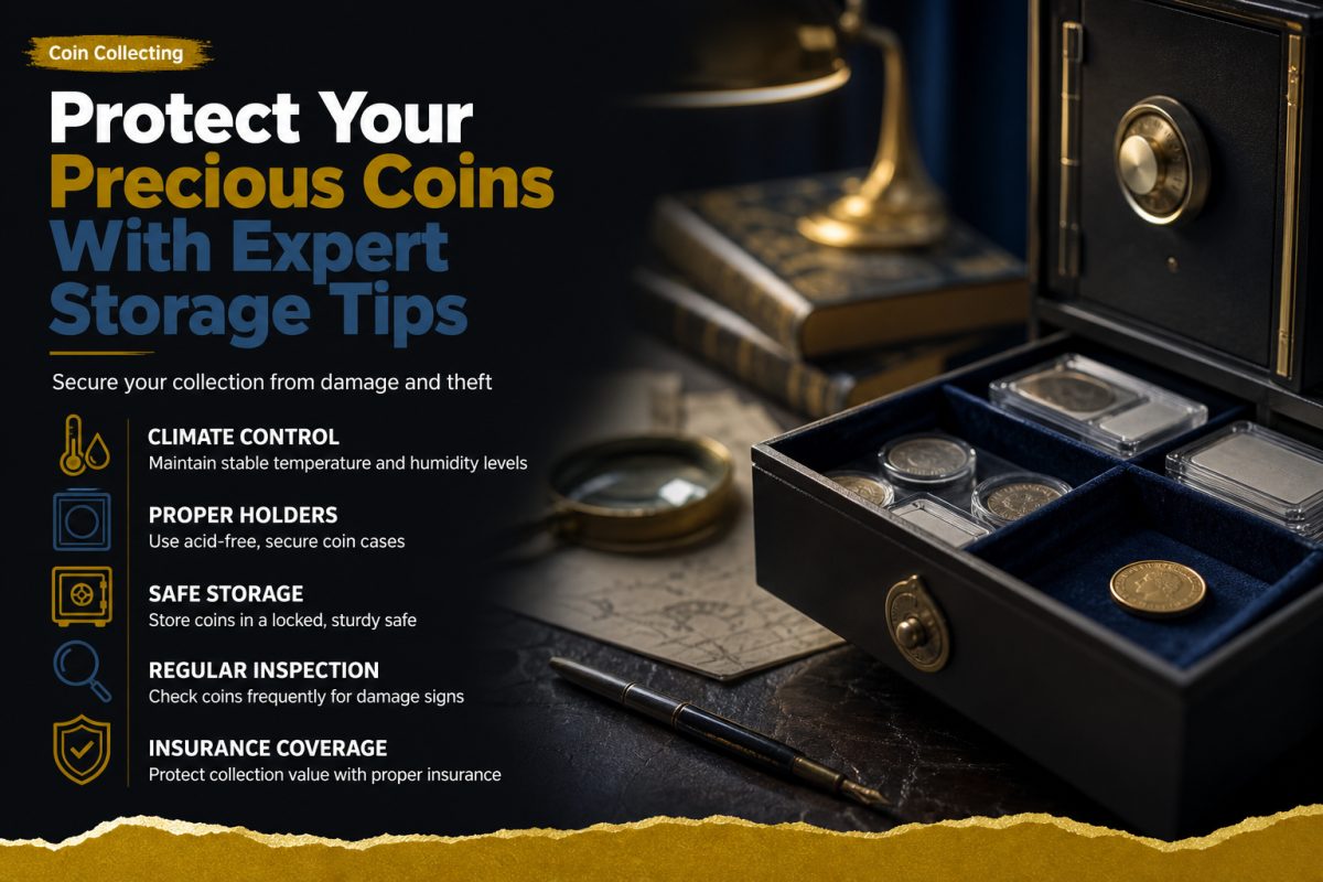 Historic wooden desk with coin collection in protective holders, softly lit to emphasize care and preservation