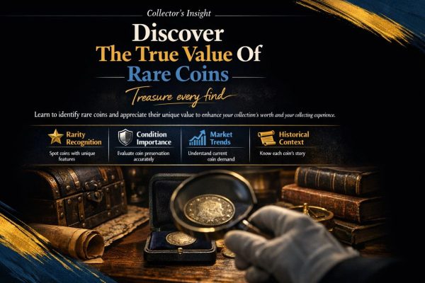 Dimly lit antique desk with a partially obscured rare coin beside a magnifying glass, evoking discovery and study